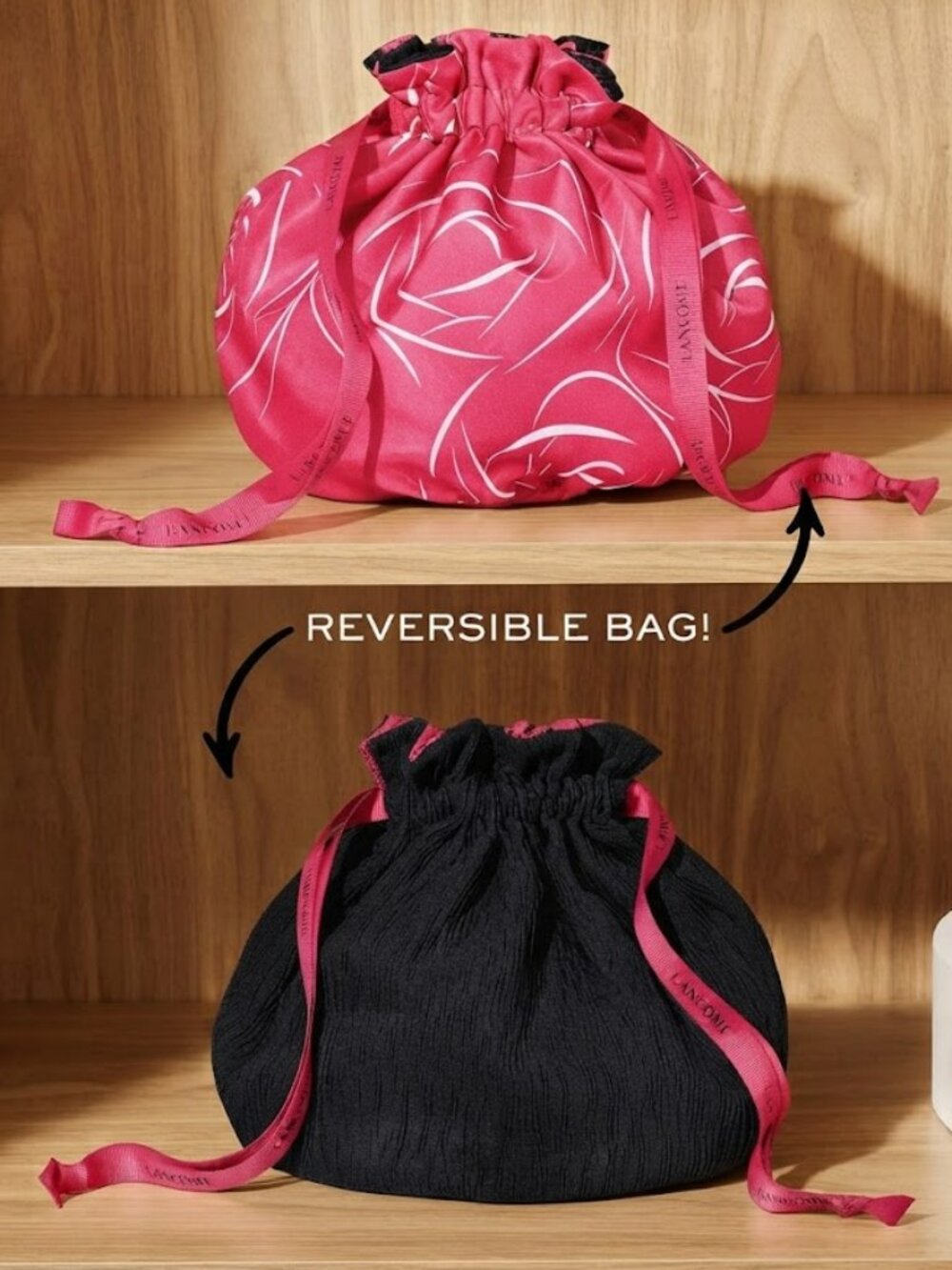 Lancome Makeup Bag Drawstring Pouch Travel Black Reversible Cosmetic Toiletry